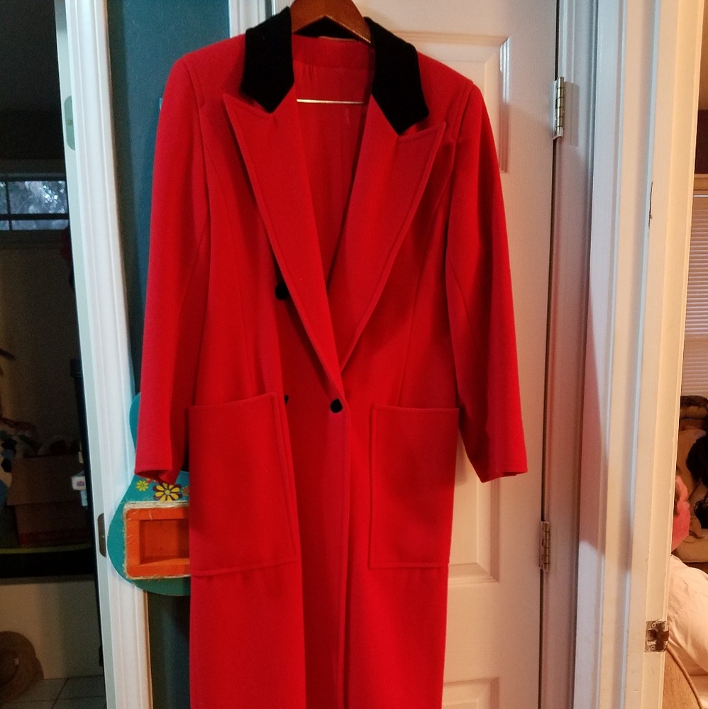 Vintage Red Wool Double Breasted Trench Coat.